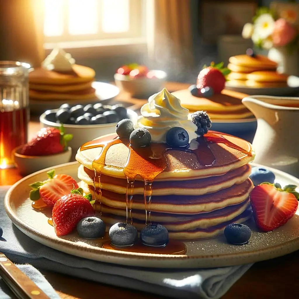 Freshly cooked pancakes stacked on a white plate, generously topped with maple syrup, blueberries, strawberries, and whipped cream, presented on a breakfast table under morning sunlight.