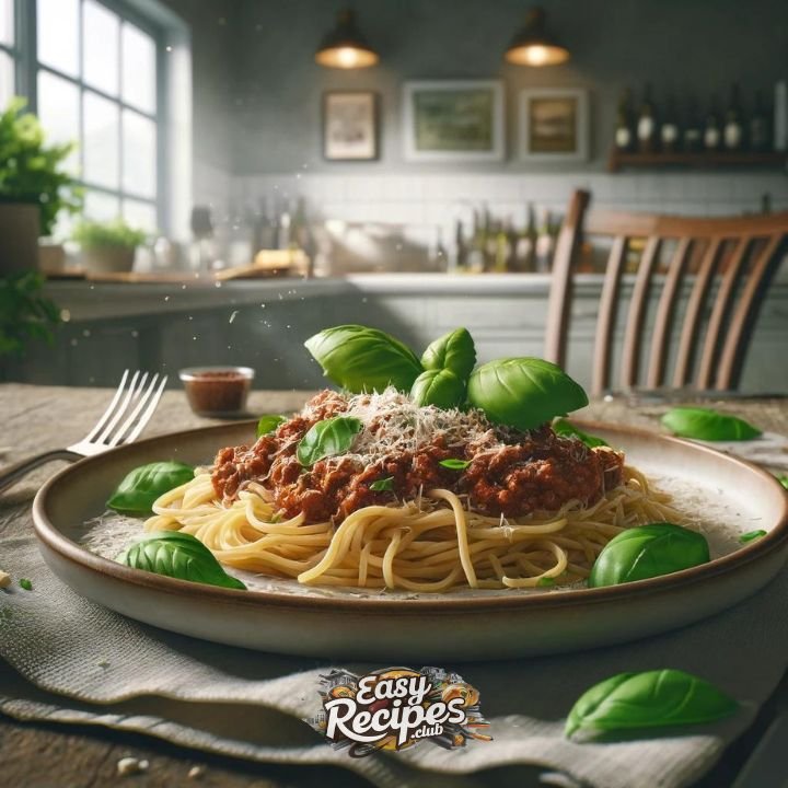 Plated spaghetti Bolognese garnished with basil and Parmesan in a cozy dining setting