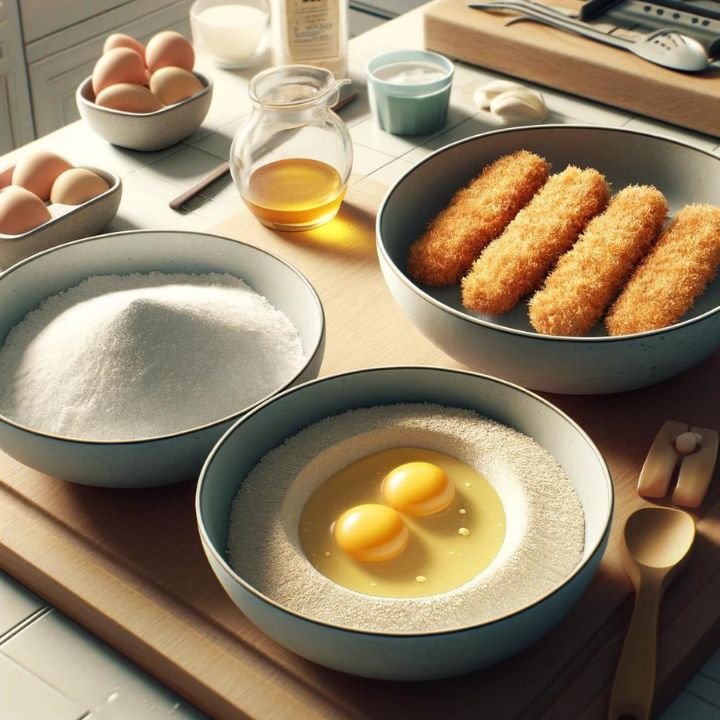 A kitchen counter with three shallow bowls in a row, filled with flour, beaten eggs, and panko breadcrumbs, surrounded by various kitchen utensils.