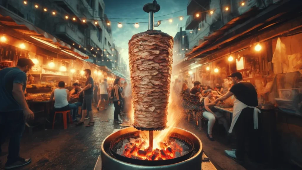 A lively street food scene with a Shawarma stand, meat slow-roasting on a rotating spit in front of a flame, surrounded by onlookers and vendors under string lights and a twilight sky.