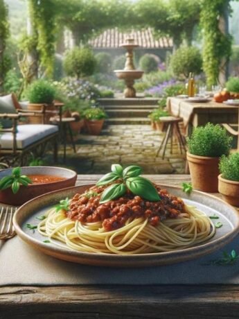 Spaghetti Bolognese plated on a rustic table in an outdoor Italian garden, complete with lush greenery and traditional elements