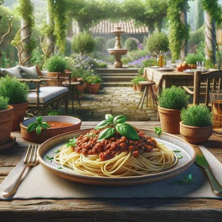 Spaghetti Bolognese plated on a rustic table in an outdoor Italian garden, complete with lush greenery and traditional elements