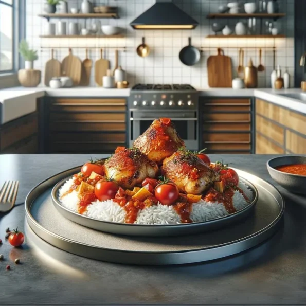dish of Spanish Chicken with Bravas Sauce and Rice. The plate includes golden-brown chicken thighs, spicy red Bravas sauce, and fluffy white rice, set against a backdrop of stainless steel appliances and clean, contemporary decor.