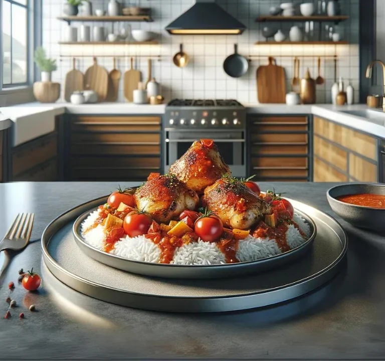 dish of Spanish Chicken with Bravas Sauce and Rice. The plate includes golden-brown chicken thighs, spicy red Bravas sauce, and fluffy white rice, set against a backdrop of stainless steel appliances and clean, contemporary decor.