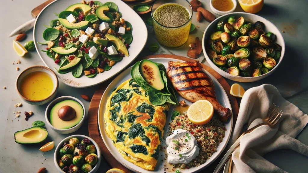 A photo-realistic image featuring a day's meals, with a fluffy spinach and goat cheese omelet for breakfast, a vibrant quinoa and avocado salad for lunch, juicy grilled chicken thighs with caramelized Brussels sprouts for dinner, and a bowl of mixed nuts and dried cranberries for a snack.