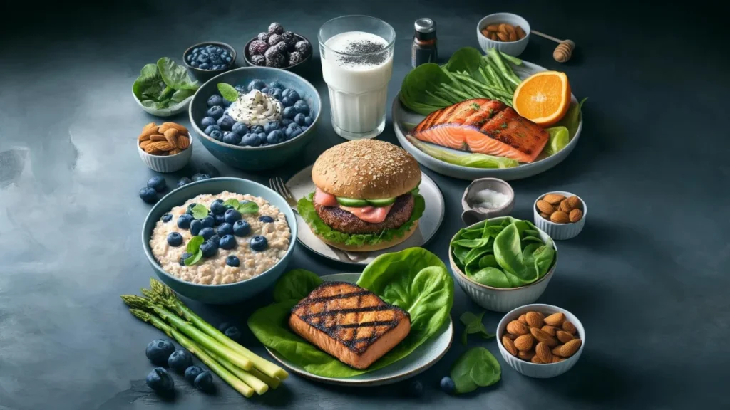 A photo-realistic image featuring a day's meals, with a bowl of oatmeal and blueberries for breakfast, a grilled turkey burger in a lettuce wrap for lunch, a plate of seared salmon with asparagus and sweet potato for dinner, and a bowl of Greek yogurt with honey and almonds for a snack.