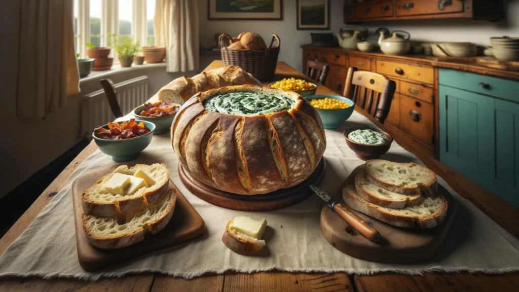 A hollowed-out cob loaf filled with spinach and cheese dip on a wooden table, accompanied by bacon and corn, in a warmly lit rustic setting.
