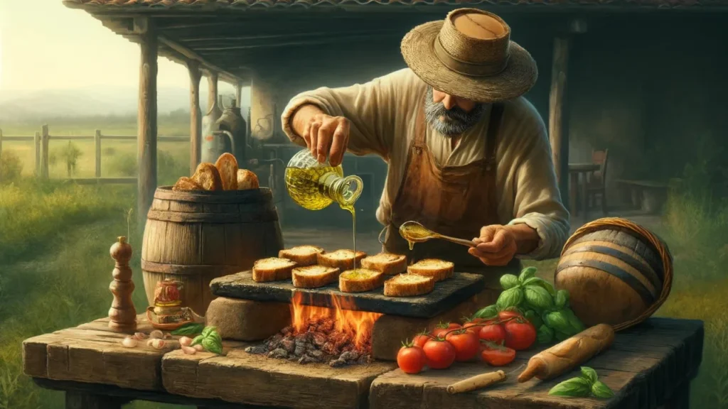 An olive oil producer in a rustic Italian setting tests the quality of olive oil by drizzling it on toasted bread over coals. The scene includes fresh farm produce like tomatoes and basil, capturing the authentic preparation of Bruschetta, a cherished Italian appetizer.