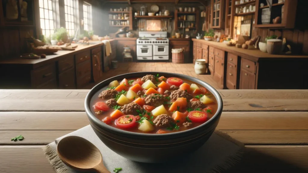 Wide image of Hamburger Soup recipe in a rustic bowl, served in a cozy kitchen with wooden cabinets and a vintage stove, highlighting its traditional and economical roots.
