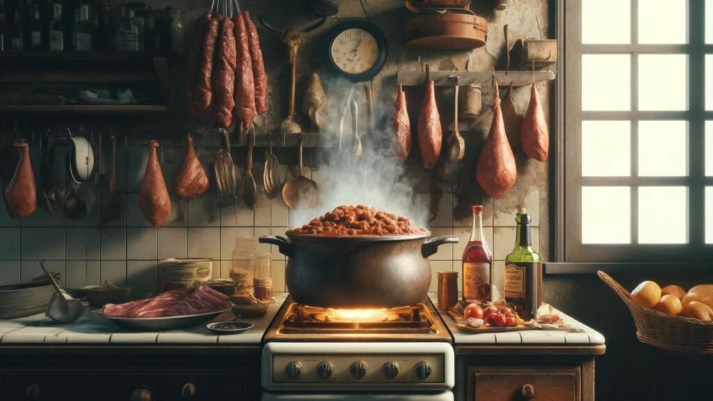 A traditional Italian kitchen with a pot of original Bolognese sauce simmering on an old stove, surrounded by antique decor and ingredients typical of Bologna.