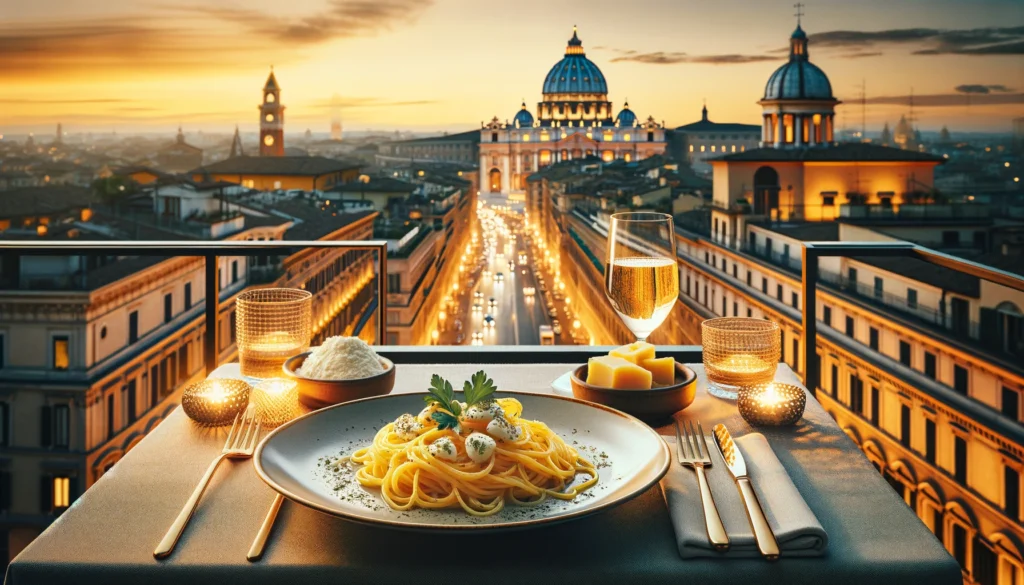 Spaghetti carbonara recipe served on a city rooftop with a panoramic view of an historic Italian cityscape at sunset, capturing the urban elegance of dining.