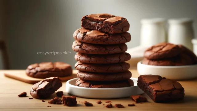 A stack of chewy brownie cookies with a fudgy center and crispy edges. These cookies are the perfect blend of rich chocolate flavor and delightful texture. Follow this brownie cookie recipe for a delicious treat.