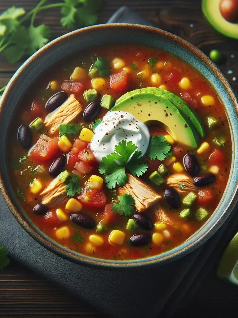 A bowl of Chicken Taco Soup garnished with fresh cilantro, diced avocados, and sour cream, served on a dark wooden table.