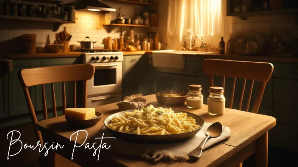 A plate of creamy Boursin Pasta recipe on a rustic wooden table in a warmly lit kitchen, embodying a quick yet luxurious meal.