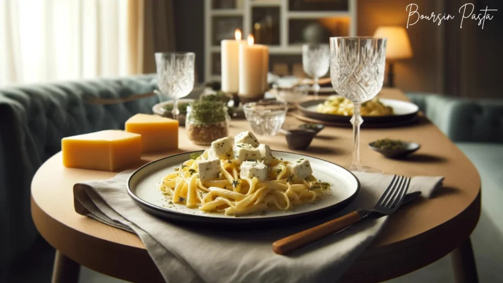  A sophisticated plate of pasta with creamy Boursin cheese sauce, presented on fine china in an upscale dining setting with warm and inviting tones.