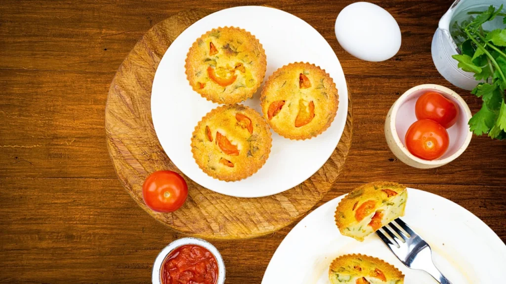 Several round, fluffy egg bites recipe with assorted fillings on a plate, in a bright kitchen with morning sunlight and a cup of coffee nearby.