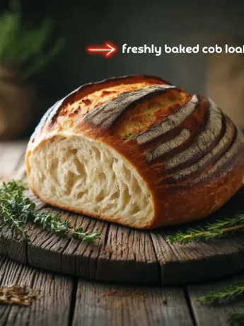 A golden-brown cob loaf recipe with a cut section showing its fluffy interior, surrounded by fresh herbs on a rustic wooden table.