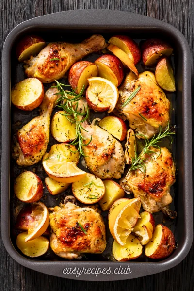 chicken and potatoes in a baking dish on a wooden table