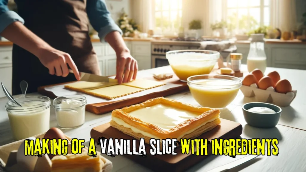 A kitchen scene showing the making of a vanilla slice recipe with ingredients like custard and puff pastry on a cutting board, in a well-equipped modern kitchen.