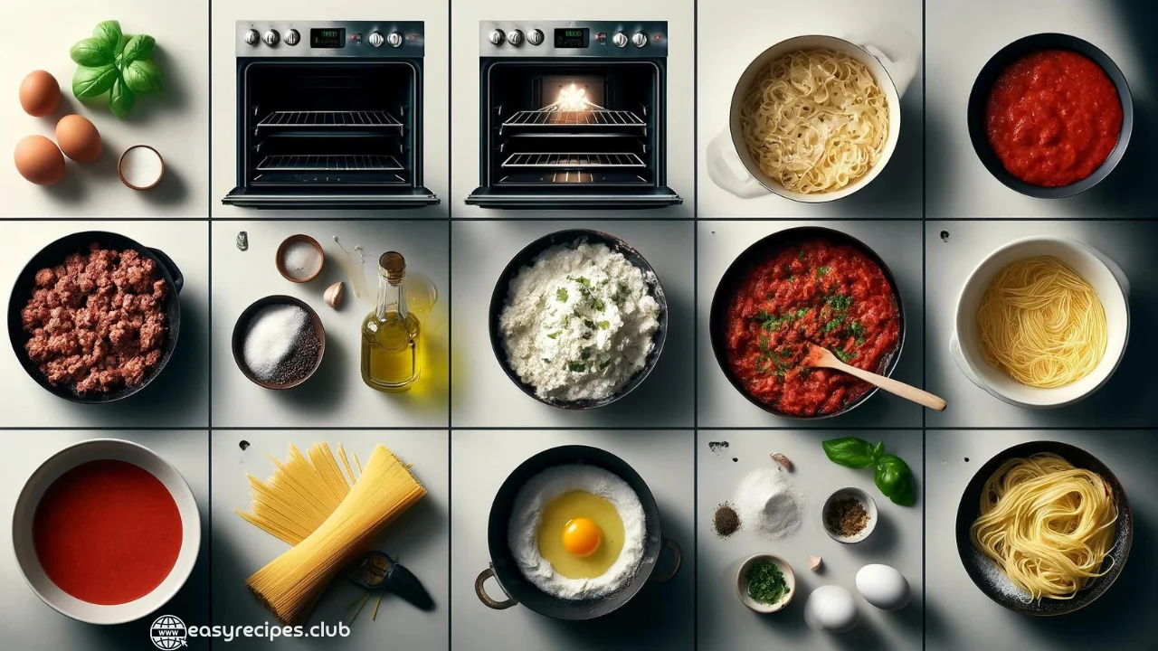 An image divided into sections showing the steps to prepare baked spaghetti with ricotta, including preheating an oven, cooking spaghetti, making meat sauce, and preparing a ricotta mixture, all set in a modern kitchen.