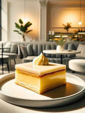 A vanilla slice with creamy custard and flaky pastry on a white plate in a modern cafe setting with natural light and minimalist decor.