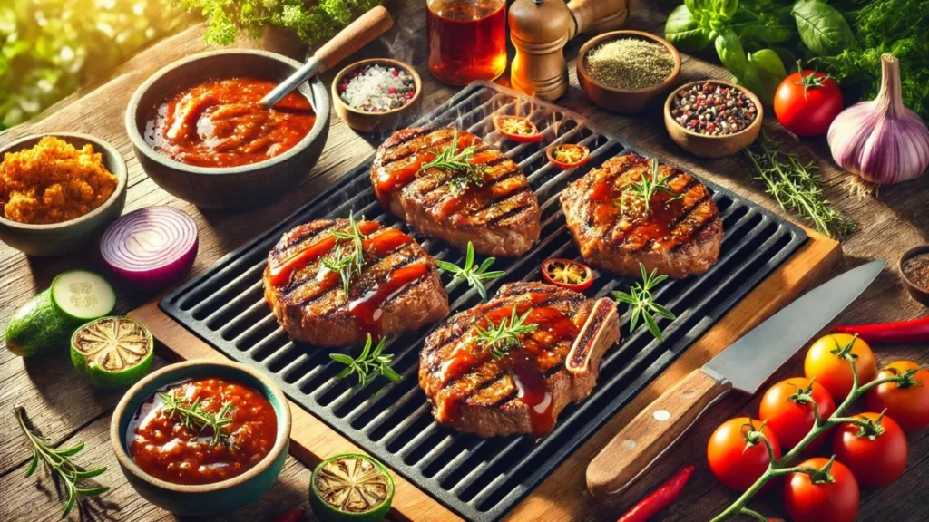 Steaks on a grill, topped with bubbling steak sauce, in a sunny backyard barbecue scene.
