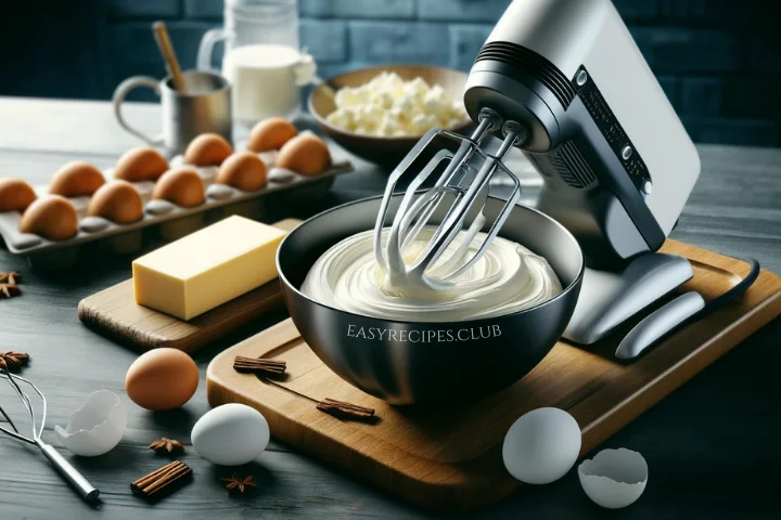Beating cream cheese until smooth in a mixing bowl with an electric mixer in a modern kitchen setting for the churro cheesecake filling.