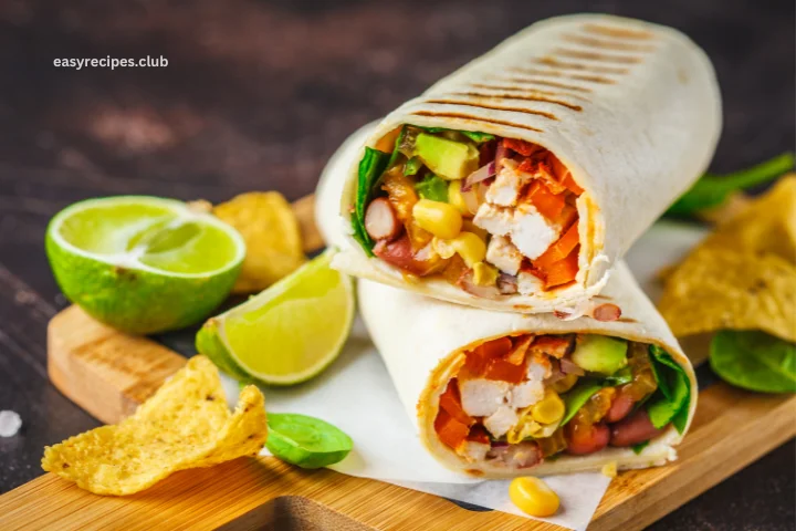 A healthy and flavorful Southwest Chicken Wrap served on a wooden plate in a stylish, modern kitchen, emphasizing the fresh and nutritious components.