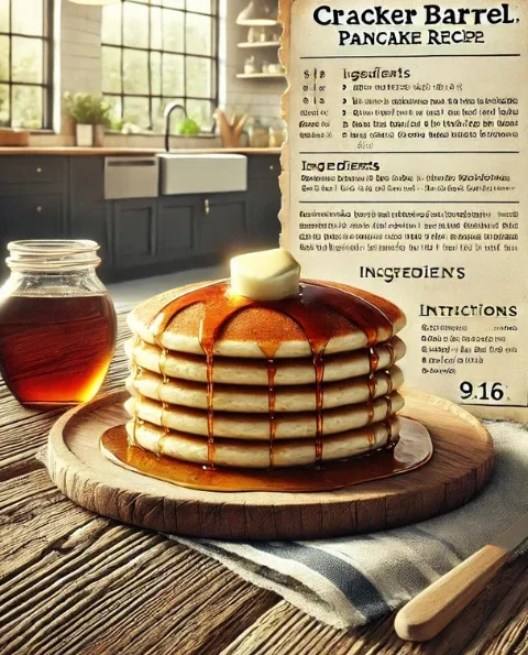 A recipe card with a stack of golden-brown Cracker Barrel pancakes, melting butter, and syrup, set in a modern USA kitchen.