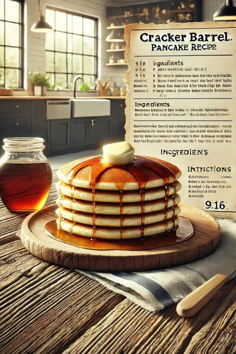 A recipe card with a stack of golden-brown Cracker Barrel pancakes, melting butter, and syrup, set in a modern USA kitchen.