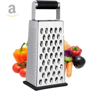 A stainless steel box grater with multiple grating surfaces