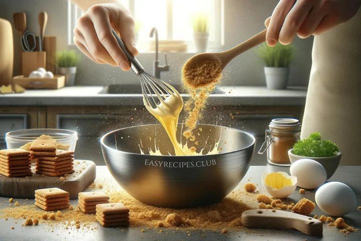 Mixing graham cracker crumbs with melted butter in a modern kitchen setting for the churro cheesecake crust.
