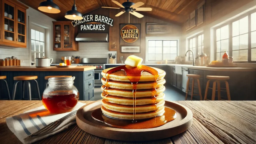 A stack of golden-brown Cracker Barrel pancakes with melting butter and maple syrup in a sleek, modern USA kitchen.