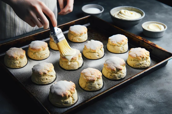 A baking sheet with uncooked scones placed with space between each one. The tops of the scones are being brushed with heavy cream and sprinkled with coarse sugar.