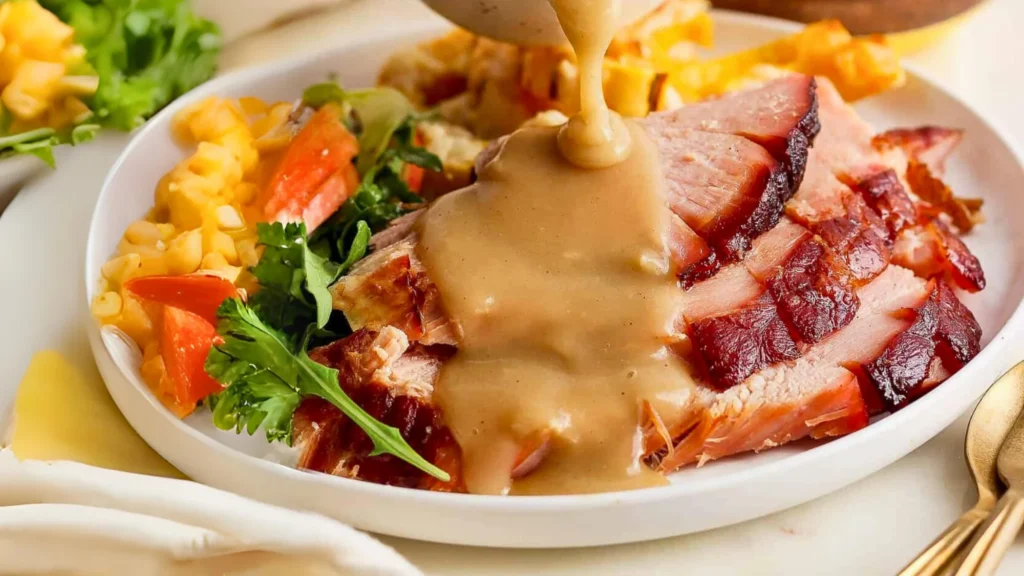 A beautifully arranged table with a white gravy boat filled with ham gravy, placed next to a plate of roasted ham and vegetables, showcasing a refined and appetizing presentation.