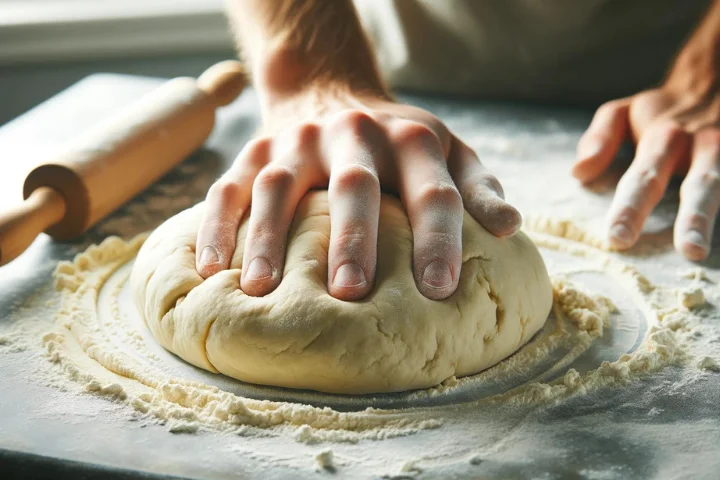 A lightly floured surface with dough being gently kneaded. The dough is shaped into a round disk about 1 inch thick, ready to be cut into scones with a sharp knife.