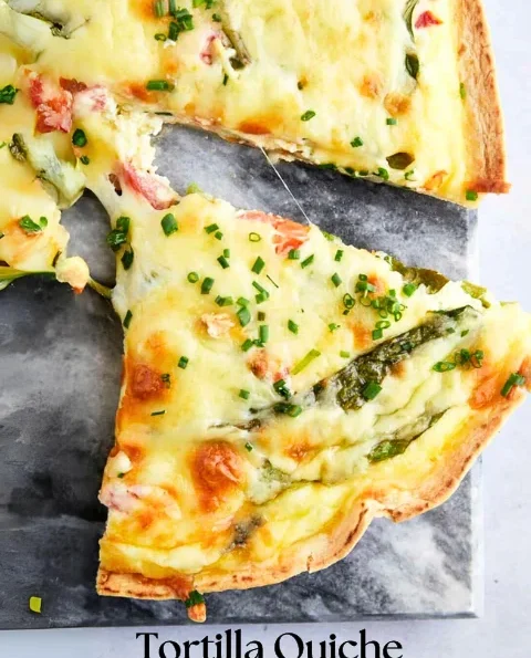 Close-up of a perfectly cooked tortilla quiche bake with a crispy tortilla crust and creamy filling, fresh out of the air fryer.
