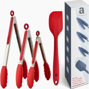 Stainless steel kitchen tongs with rubber grips.