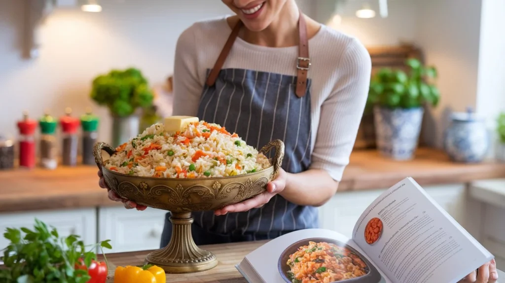 A woman in a stylish apron presenting a bowl of Buttered Vegetable Rice Pilaf with vibrant vegetables in a bright kitchen.