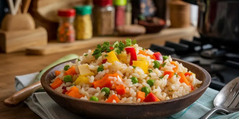 Elegant woman presenting Buttered Vegetable Rice Pilaf in a cozy kitchen, showcasing golden rice and colorful vegetables.